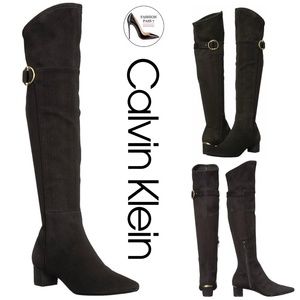 Calvin Klein Georgeanna Black Suede Over the Knee Boots Block Heel Pointed Toe